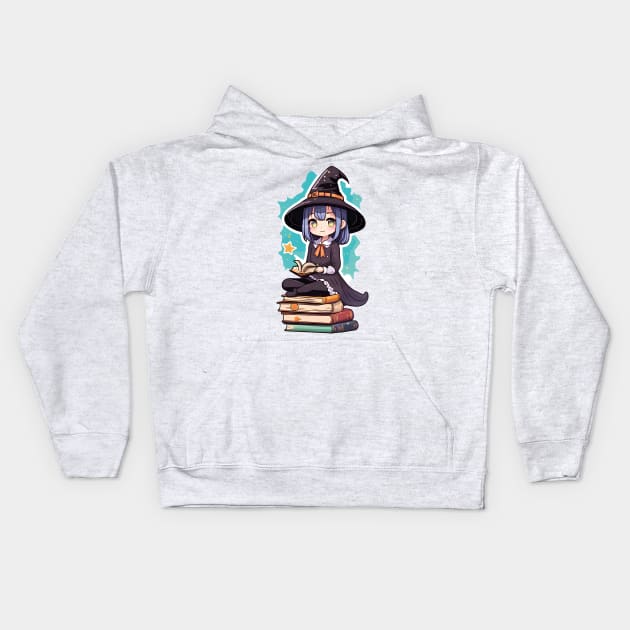 Cute Anime girl witch sitting on books Kids Hoodie by InkPulse